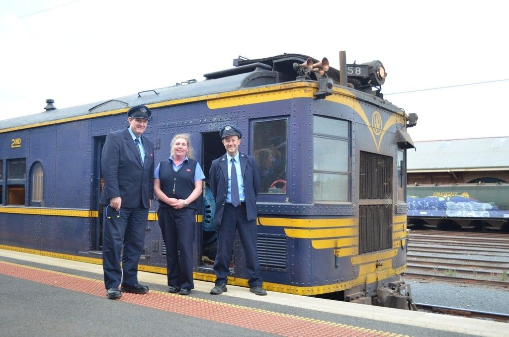 The crew of 58RM at Maryborough. Driver Steve Milne, Vline conductor and Driver Colin Sharp. 18 May 2014. Photo: Ken Coram