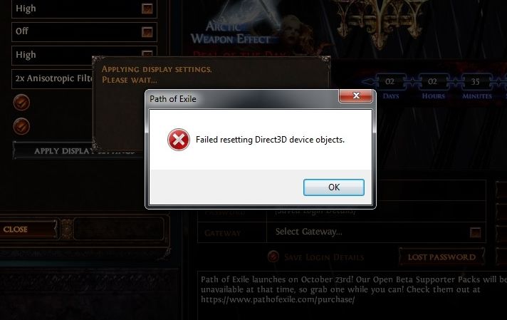 Error "failed resetting direct3d device objects"